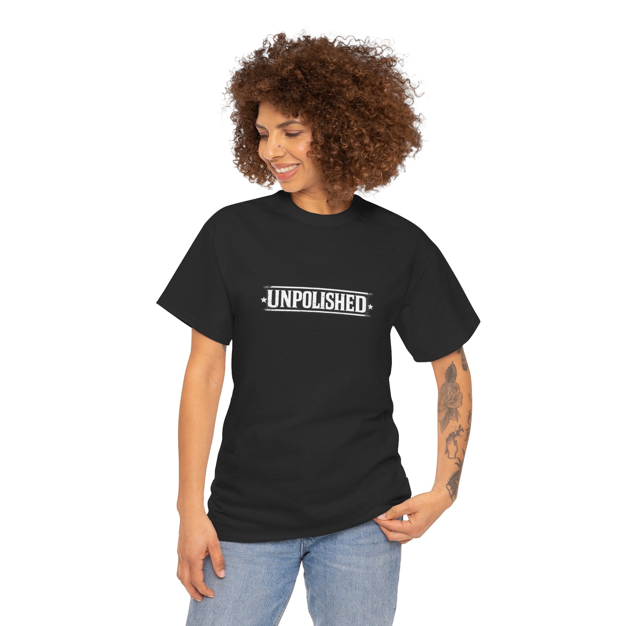 Unpolished Graphic Tee — Minimal Black Shirt with 'UNPOLISHED' Text